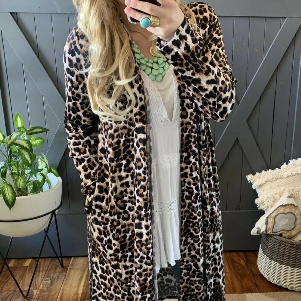Leopard Animal Print Duster Maxi Cardigan Jacket - Picture 2 of 8